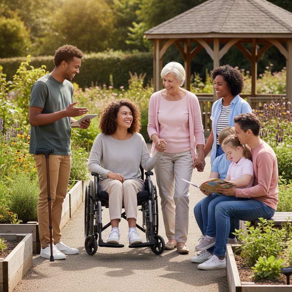A diverse group of people, including a woman in a wheelchair, a man on crutches, and others, smile together in a garden se...
