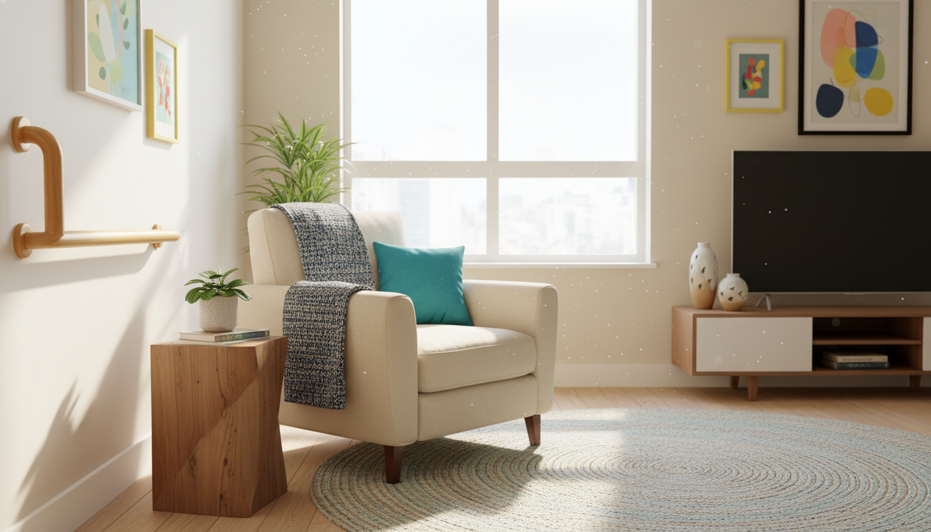A bright and welcoming living room filled with adaptive equipment like a modern, polished wood grab bar and a neatly folded wheelchair blanket atop a plush, supportive armchair. The space is organized, with cozy textiles and vivid accents such as a cheerful teal throw pillow. Soft, natural daylight pours in from an oversized window, illuminating the adaptive devices and creating subtle, warm highlights amid gentle shadows. The atmosphere is serene and empowering, emphasizing independence and accessibility. Shot from eye level with a balanced, centered composition, the image features sharp focus and clean, modern photographic realism, making it ideal for a nonprofit disability support site.